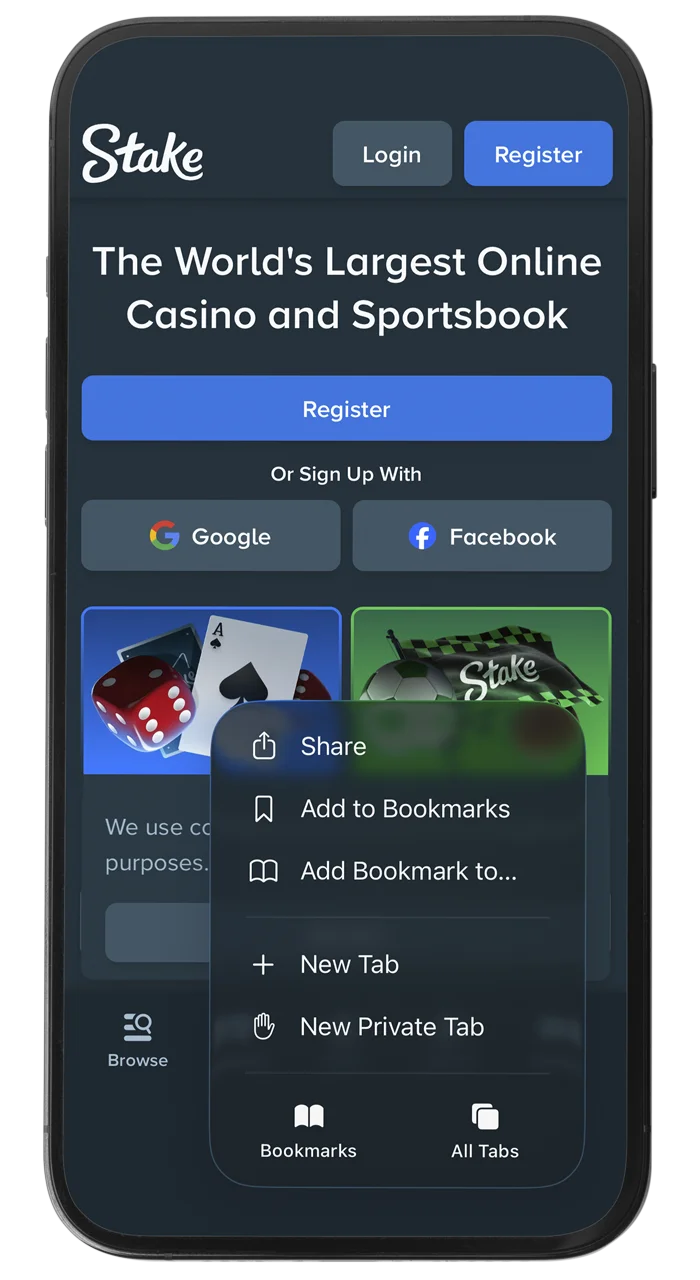 Select the share function in the Safari menu to add the Stake app.