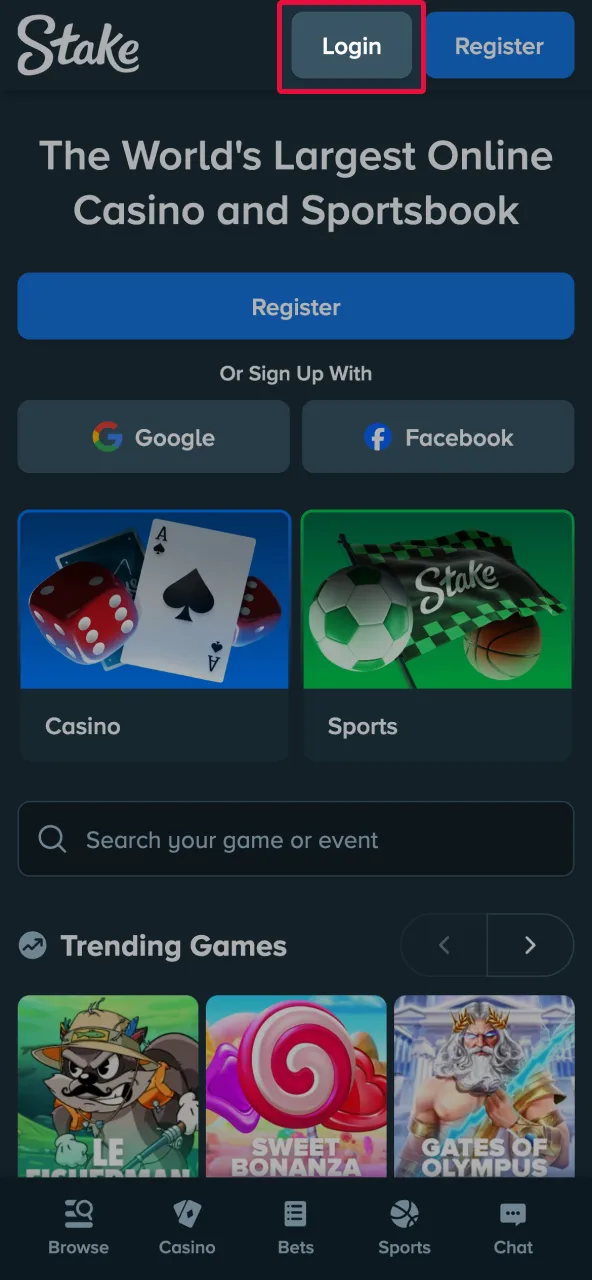 Open the official Stake website.