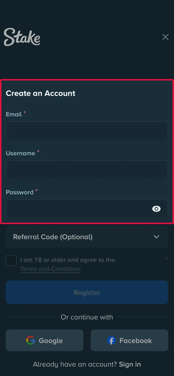 Fill in your details to register on the Stake website.