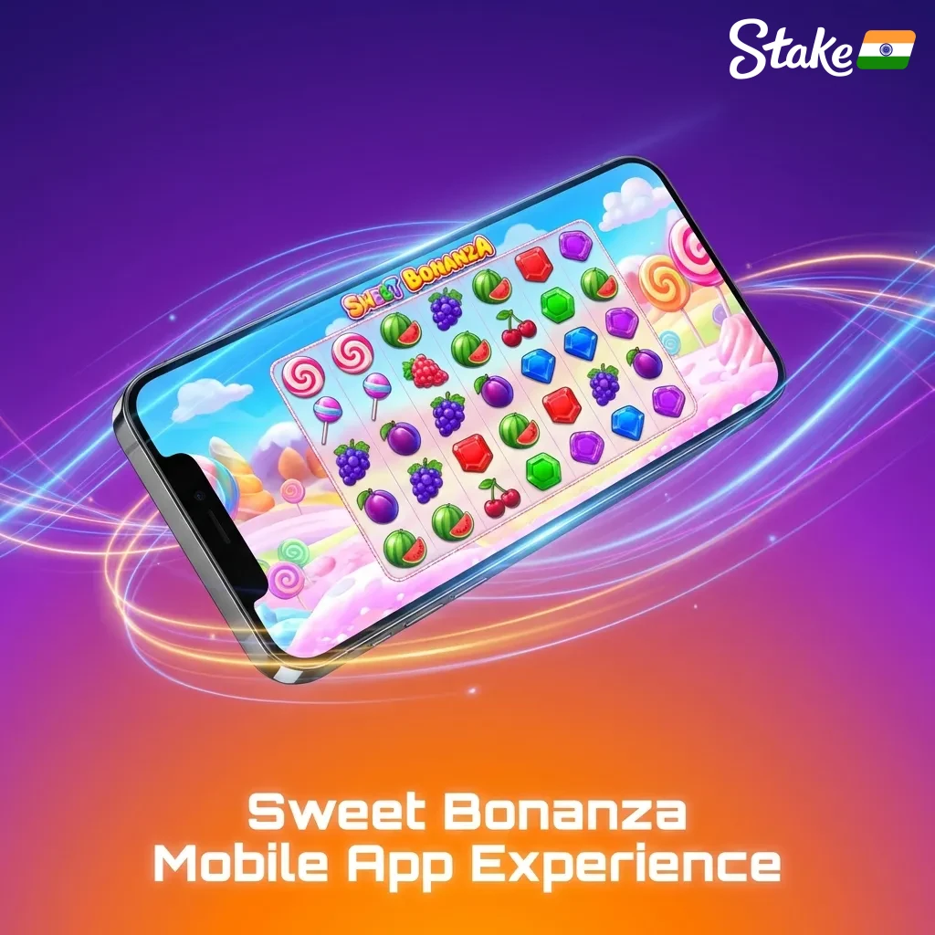 Sweet Bonanza slot game mobile app interface on smartphone showing colorful candy symbols and spin button