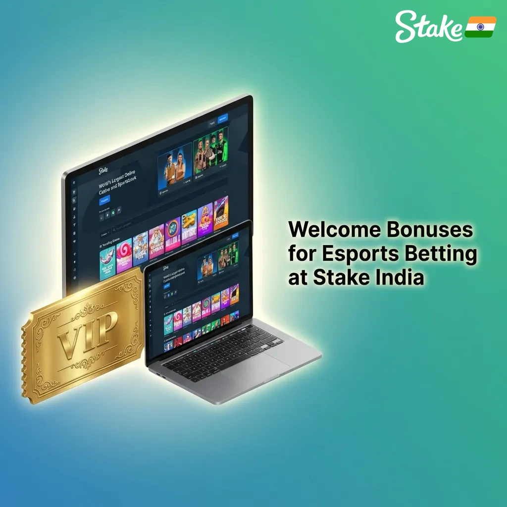Stake India esports betting welcome bonuses showing Weekly Raffle and Daily Races promotions with registration steps